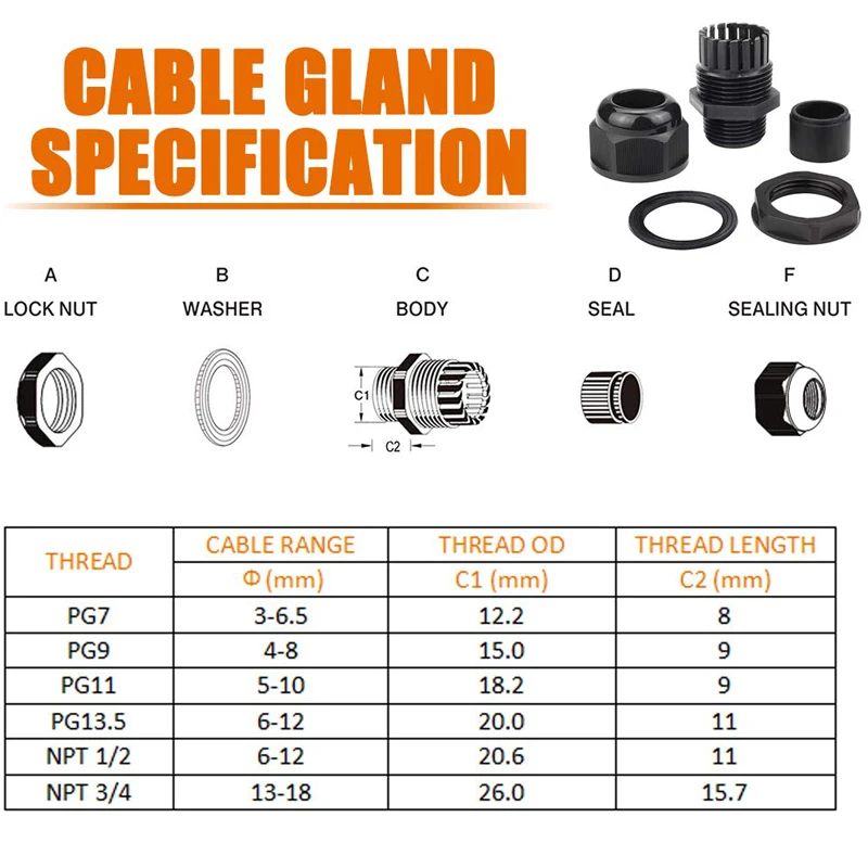 32pcs Nylon Cable Gland Waterproof IP68 Adjustable 3-18mm, NPT 3/4, NPT 1/2, PG13.5, PG11, PG9, PG7 (Black)