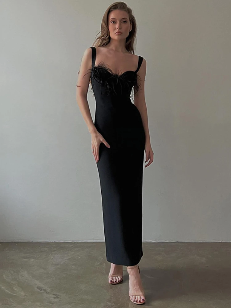 

Elegant Feathers Sleeveless Evening Party Black Formal Maxi Dress for Women 2023 Sexy V Neck Bodycon Nightclub Long Dresses