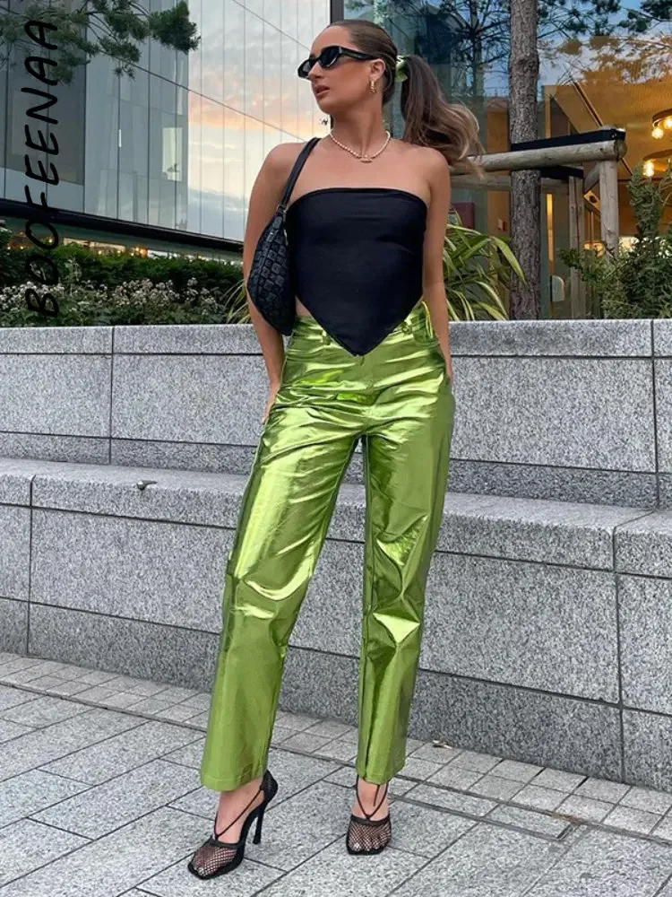 BOOFEENAA Stylish Metallic PU Leather Pants Fall Clothing for Women 2023  High Waist Straight Leg Pants Streetwear C85-GZ38