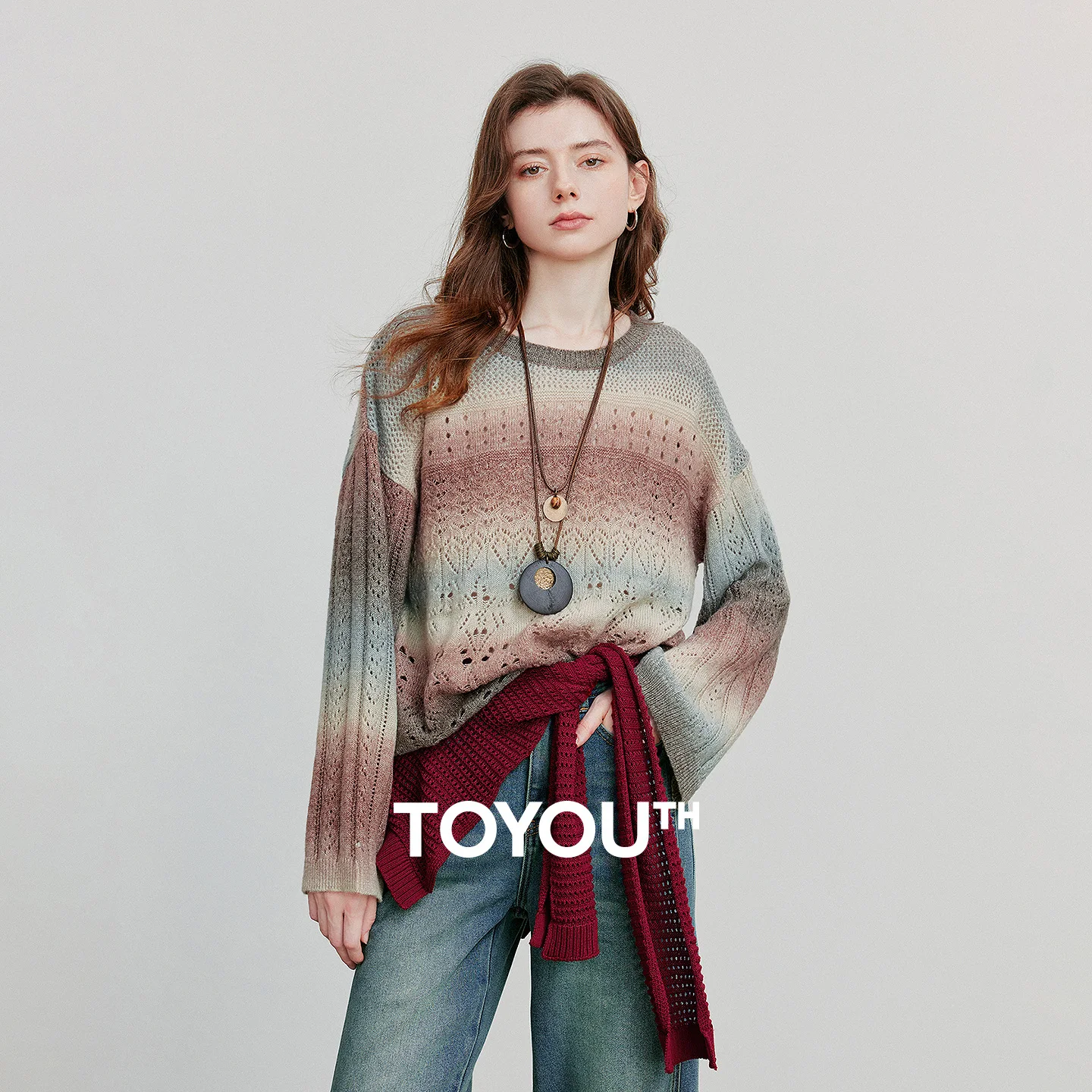 734231-895d6f.jpg TOYOUTH Women Knitted Shirt 2025 Autumn New Round Neck Gradient Mohair Lightweight Woolen Pullover Tops - Image 1
