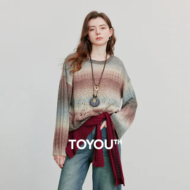 TOYOUTH Women Knitted Shirt 2025 Autumn New Round Neck Gradient Mohair Lightweight Woolen Pullover Tops