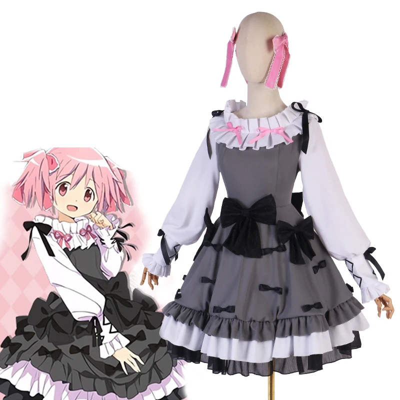 

Женский костюм с длинным рукавом Madoka Magica, серое платье с черным бантом, аниме, для косплея