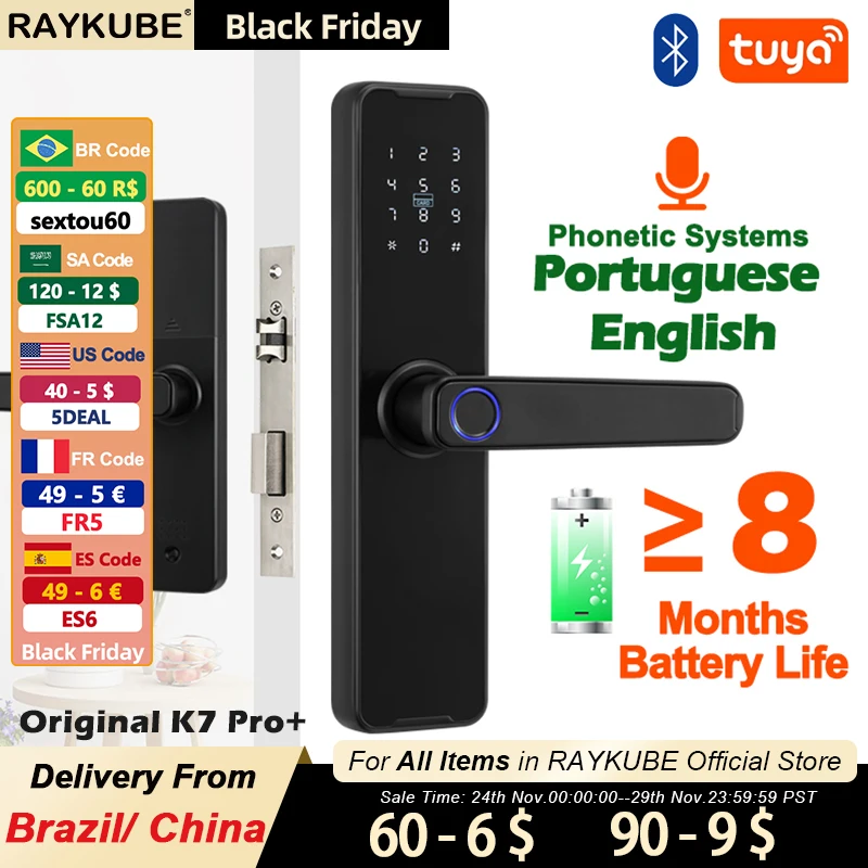 RAYKUBE Biometric Fingerprint Door Lock K7 Pro+ Black Smart Lock Tuya App Remote Unlocking Keyless Lock Electronic Door Lock