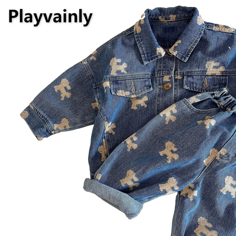 

2022 New Spring Kids Boy Sets Long Sleeves Cartoon Print Jacket Denim Coat+Jeans Pocket Pants Children Blue Outfits E5698