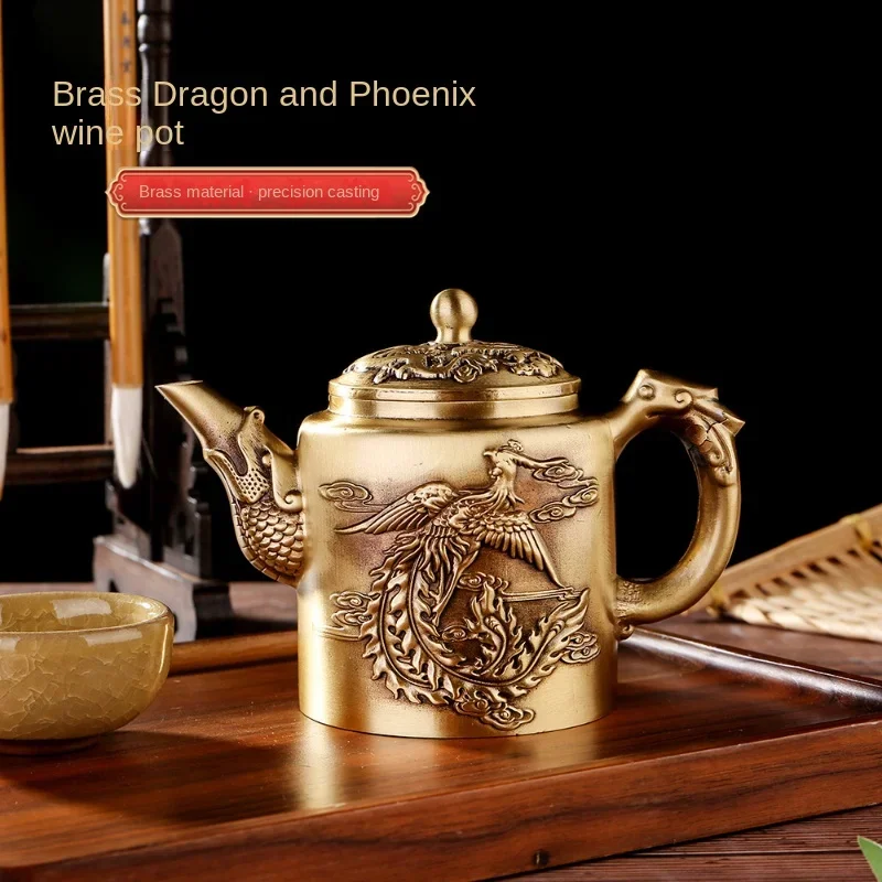 

Brass Dragon and Phoenix Teapot Home Handle Pot Brass Dragon and Phoenix Pot Ornaments Metal Crafts Office Desktop Bronze