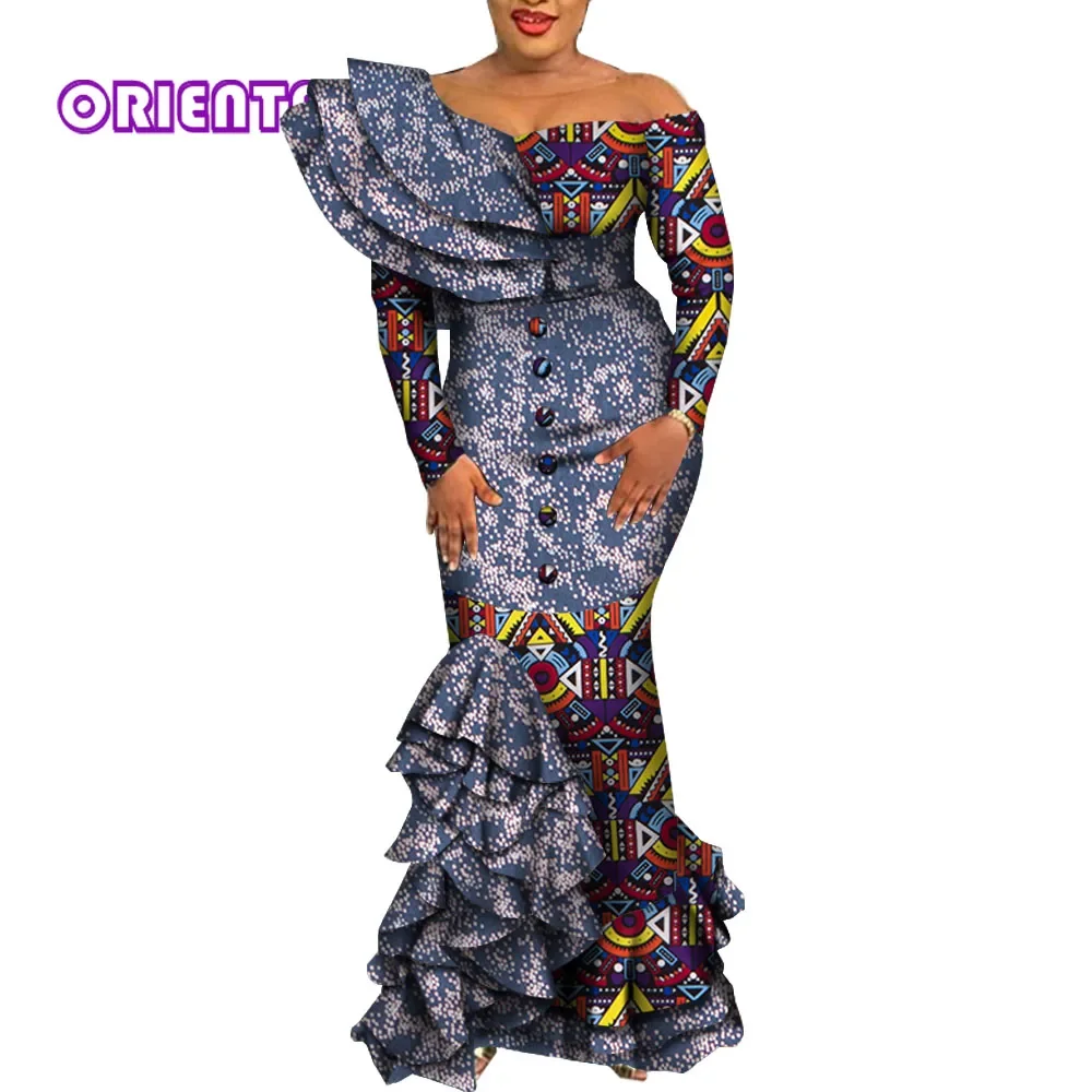 African Dresses for Women 2022 Elegant Bodycon Long Mermaid Dress Draped Ruffles African Print Dashiki Evening Dresses WY5995