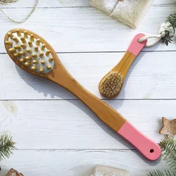 Pink 2 In 1 Dry Massage Wet Exfoliating Handle Bamboo Bathbrush Back Scrub Body Brushes Double-sided Bath Brush Loofah Towel Set