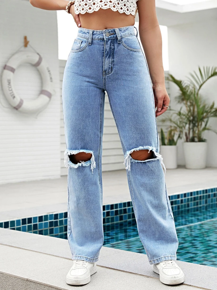 Jeans holgados ¡Exclusivo para mujeres de moda! Vaqueros sueltos y rasgados de cintura alta con detalles rasgados dobles para un estilo llamativo,