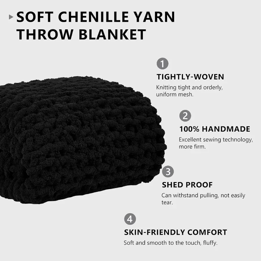 Chunky Knit Blanket Throw: 72''x84'' Chenille Chunky Knitted Throw Blanket for Bed Couch Handmade Thick Big Cable Knit Blanket