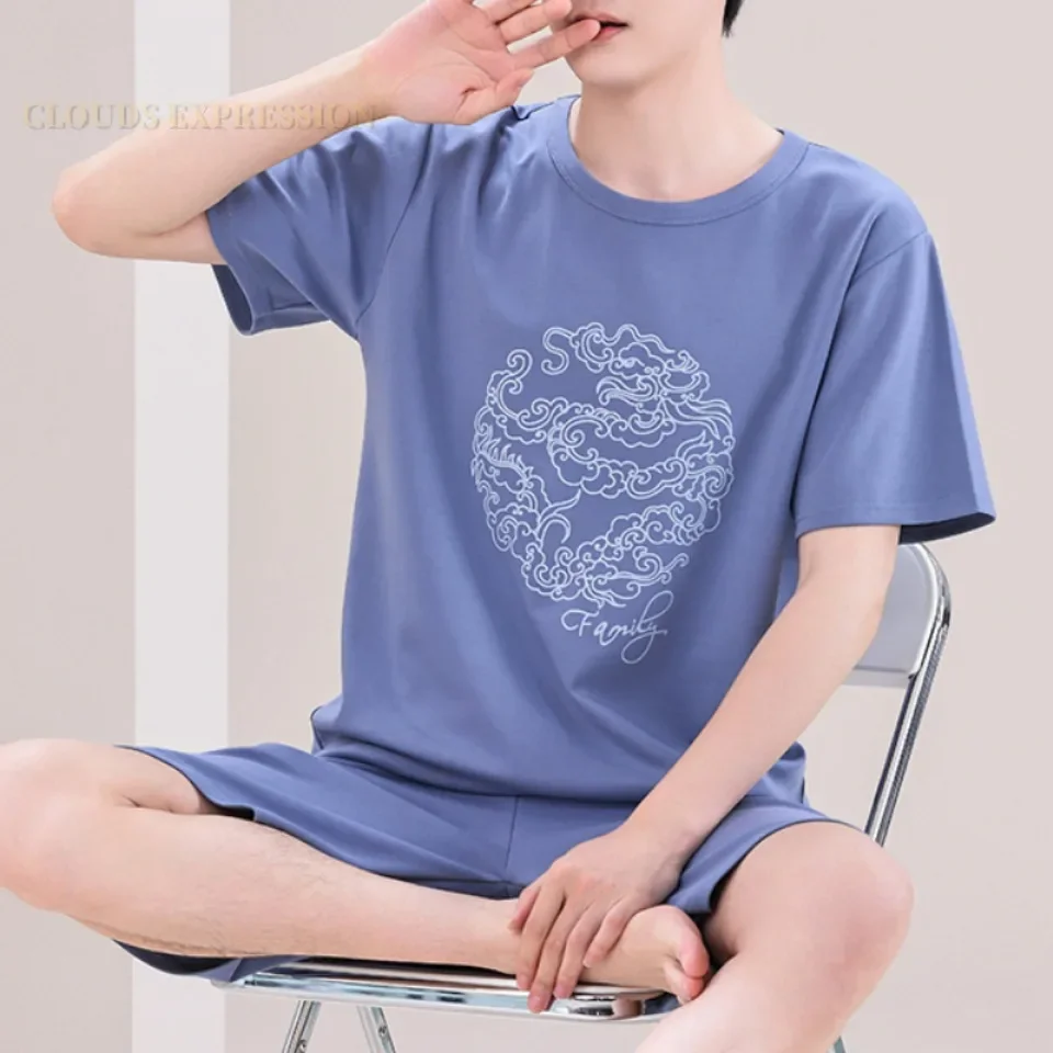 Summer Knitted Cotton Short Sleeved Men's Pajamas Sets Male Pajama Set Polka Dots Pajama Men Sleepwear Suit Homewear Size