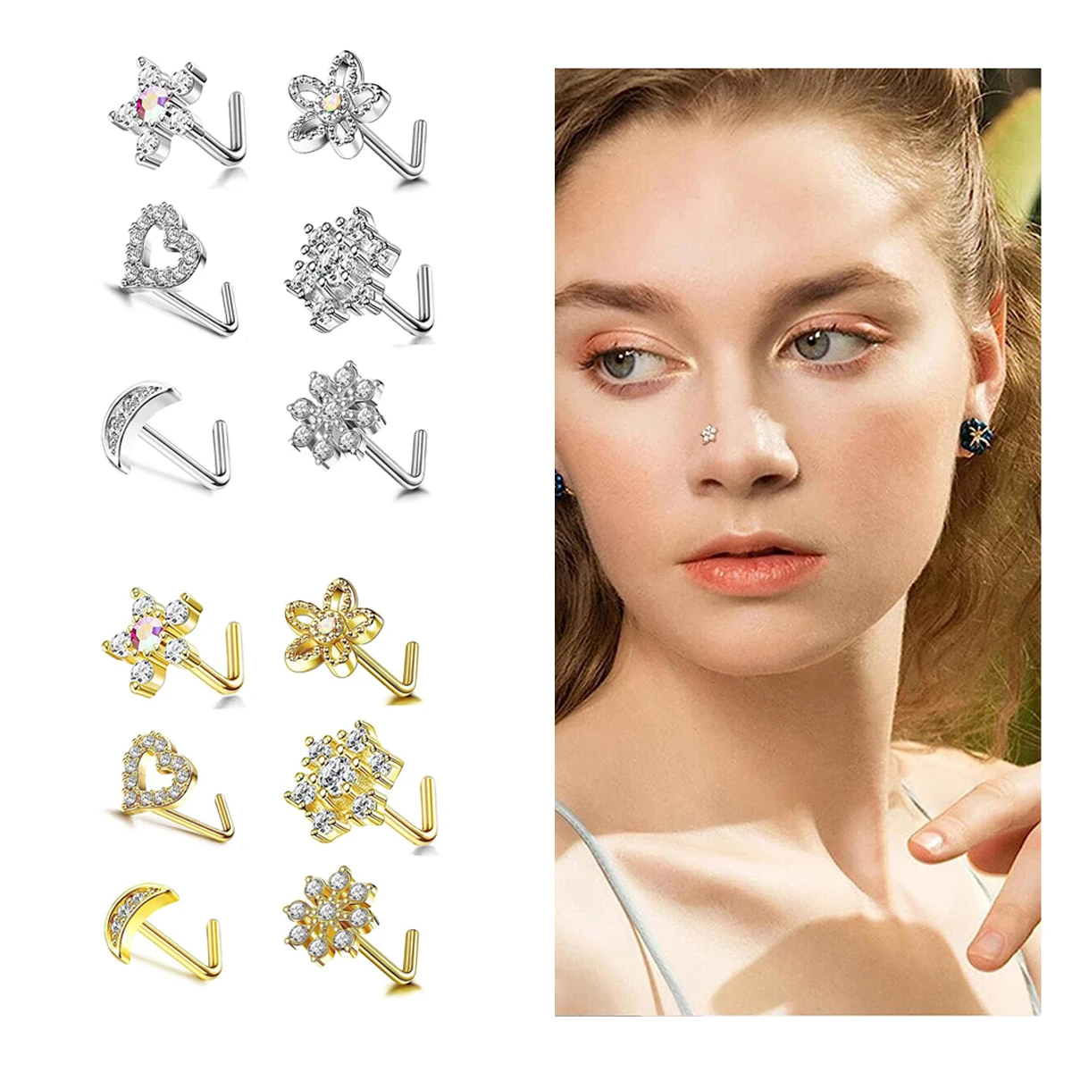

6pcs 20G 316L Stainless Steel Heart Star Flower L Shape Nose Rings,Fashion Gold Silver Studs Hypoallergenic Piercing Jewelry
