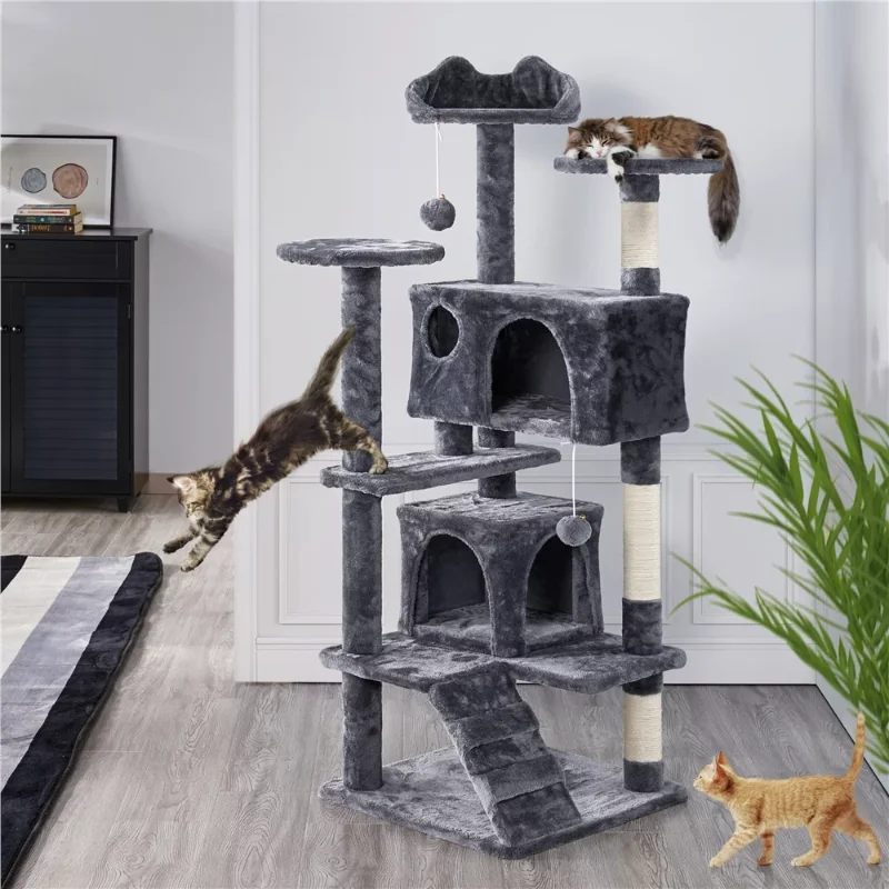 

SmileMart 54.5" Double Condo Cat Tree with Scratching Post Tower, Dark Gray