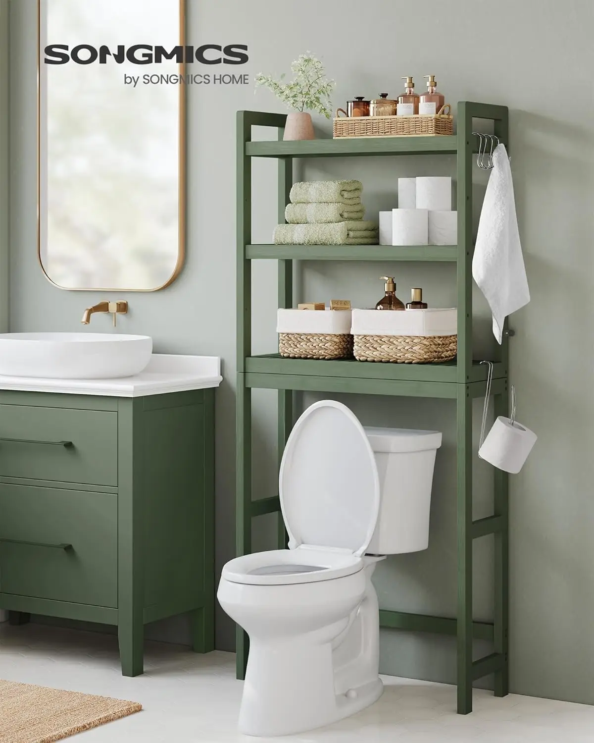 Over Toilet Storage. 3-Tier Organizer. 10.2"x24.8"x66.9". Adjustable Shelf. Space-Saving. Forest Green. UBTS001C01.