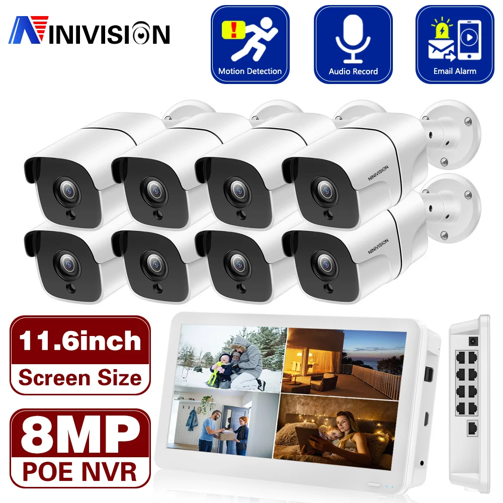 

4K POE CCTV Camera Security System Kit With Monitor Night Vision 8CH 8MP POE NVR Kit Audio Metal Bullet IP Camera System Set 4CH