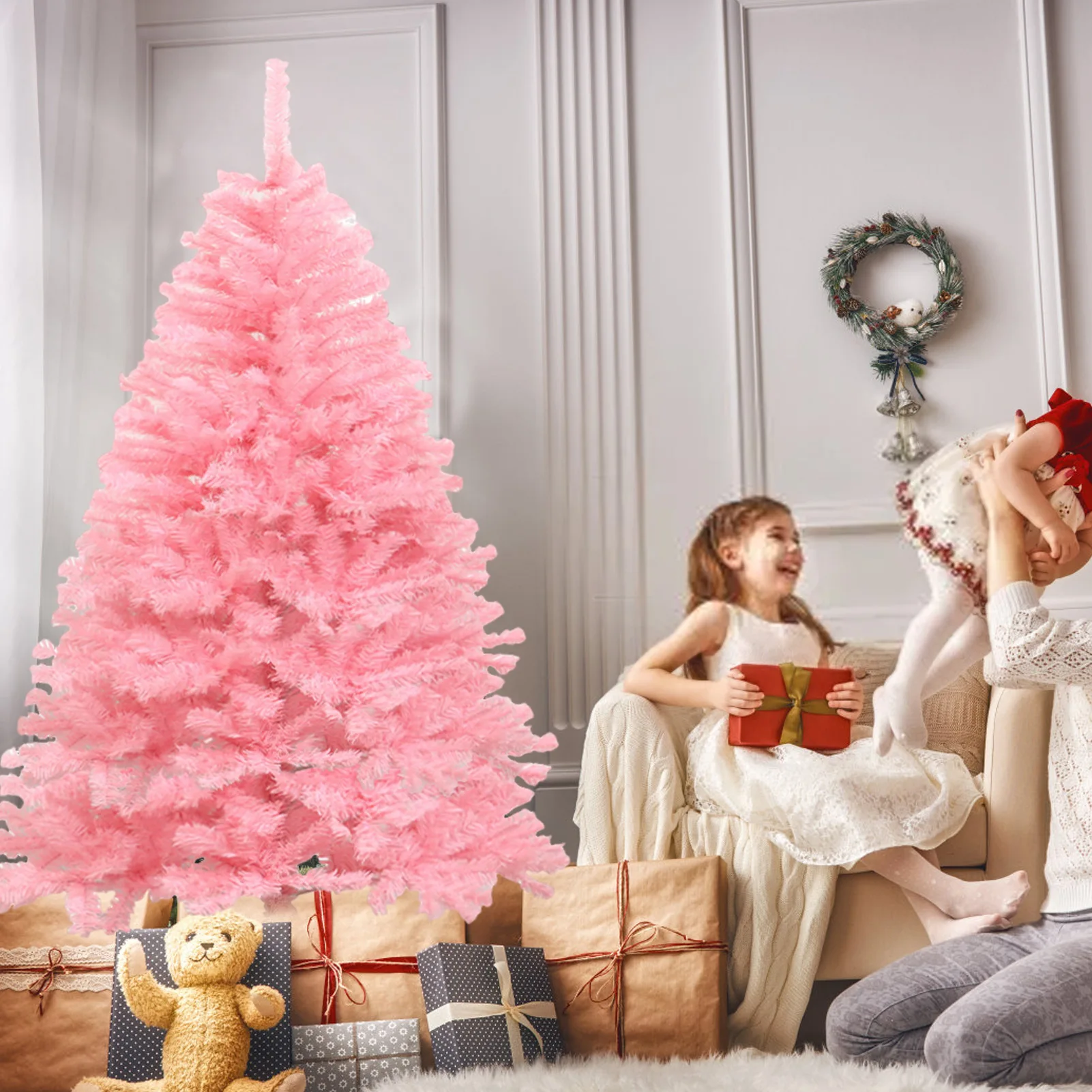 1.8m/6ft Pink/White Artificial Christmas Pine Tree Seasonal Holiday Carnival Decoration for Office, Party, Indoor,Outdoor 3
