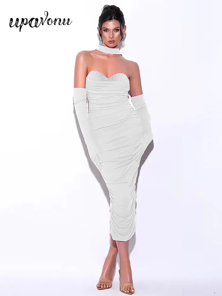 

Sexy Draped White Sheer Plaid Bandage Dress Women's Neck Hanging Sleeveless Glove Design Bodycon Evening Party Dresses Vestidos