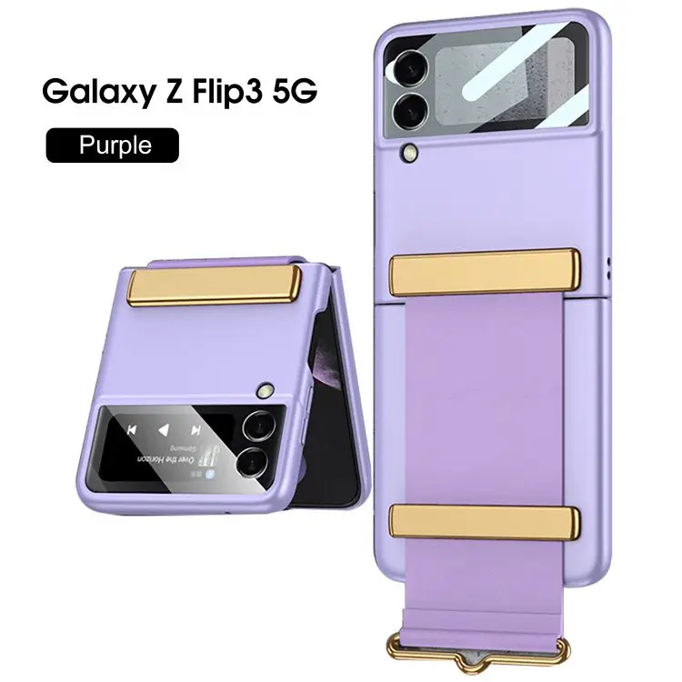 Case with Strap for Z Flip 3 Holder PC Case for Samsung Z Flip 3 Film Phone Cover All-in-one Solid Color Mobile Protective Shell samsung cute phone cover Cases For Samsung