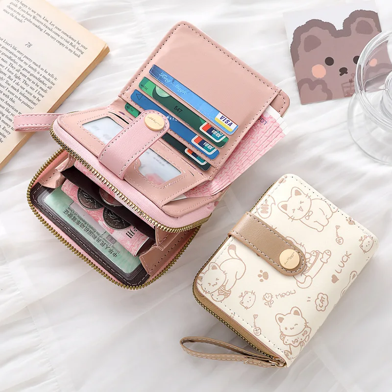Cute Cat Coin Purse Women Fashion Short Wallet PU Leather Large Capacity Wallet Lightweight ID Card Holder Travel Cash Coin Bag