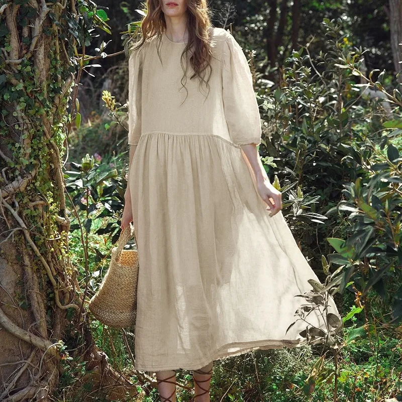 

Cotton Linen Elegant Dresses For Women Casual Loose O-Neck Three Quarter Sleeve Long Maxi Party Dress Robe Femme éTé