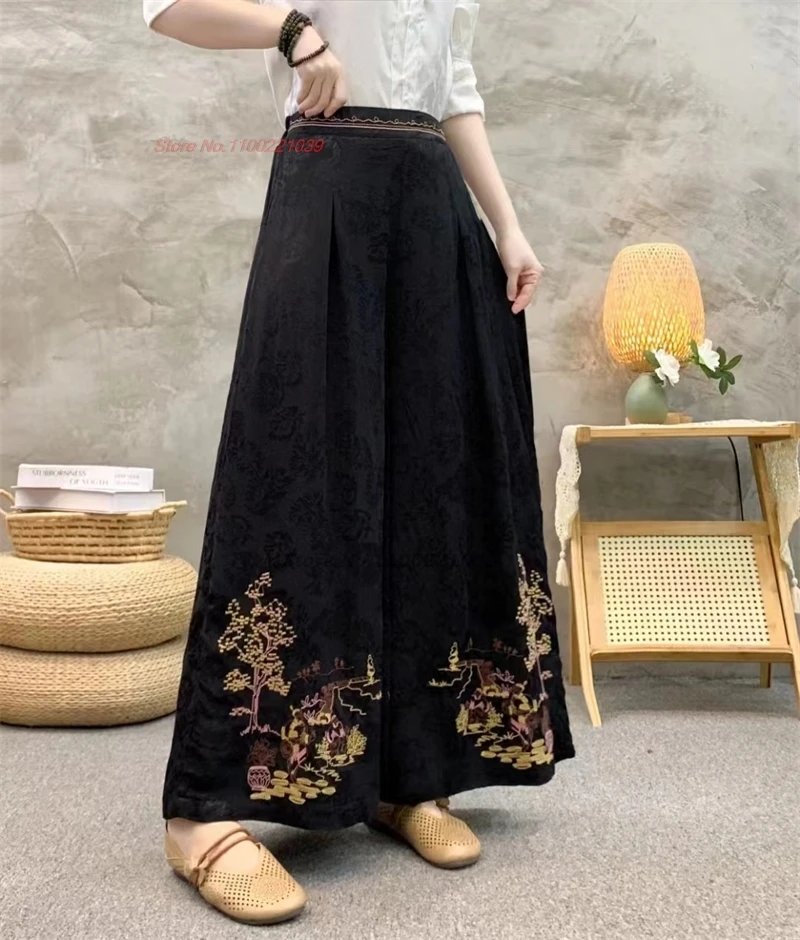 chinese vintage pants flower embroidered pants women traditional wide leg trousers national satin jacquard folk loose