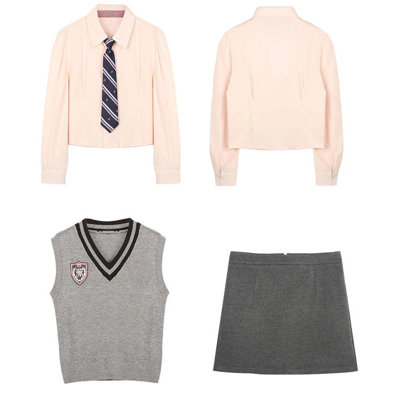 Korean Academy Style JK Uniform Set Autumn/Winter 4-Piece Grey Knitted Tank Top Slim Fit Shirt Wrapped Hip Mini Skirt Girls japanese school uniform