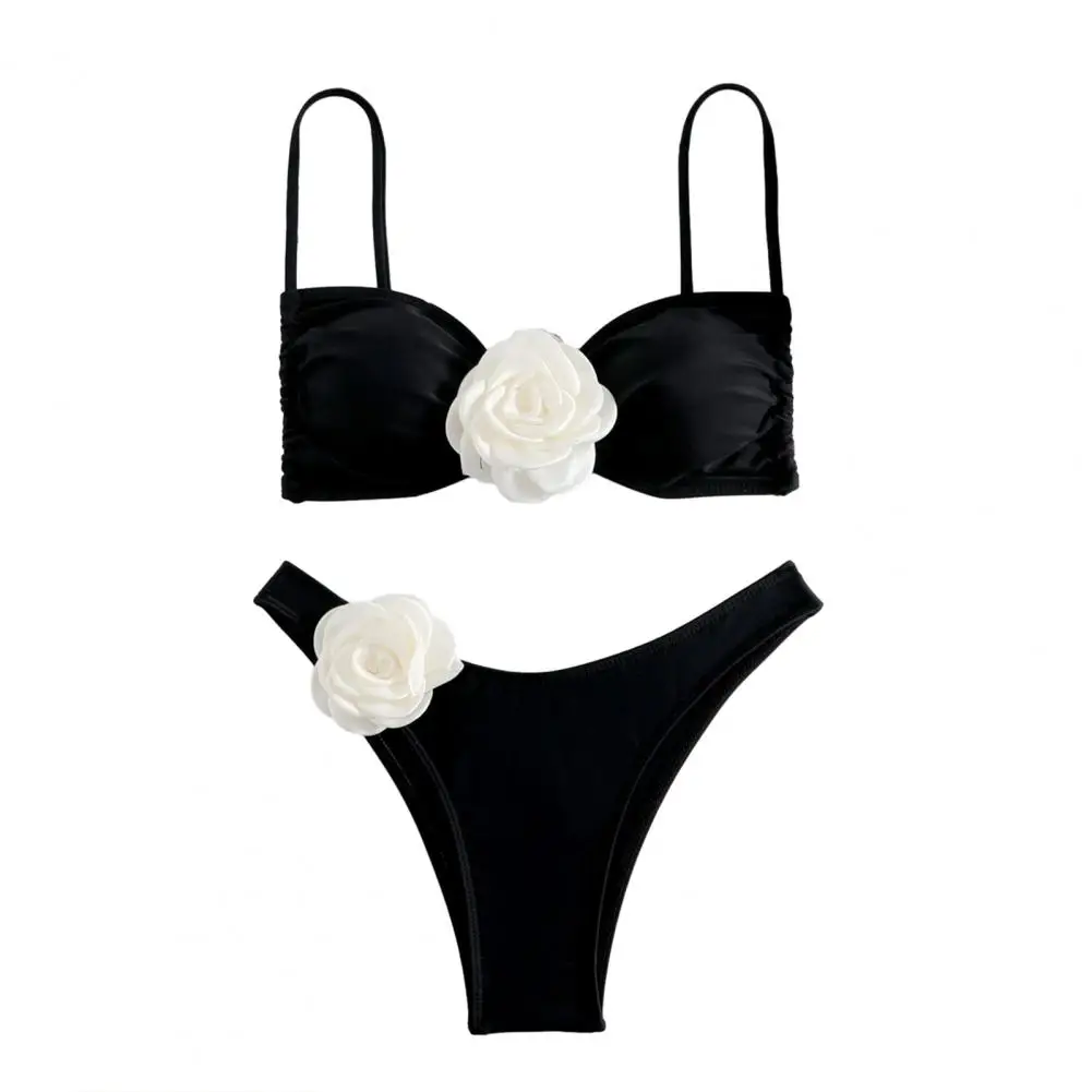

Соблазнительный топ бикини, стильный комплект бикини на шнуровке с открытыми плечами и искусственными цветами, женская пляжная одежда в стиле пэчворк