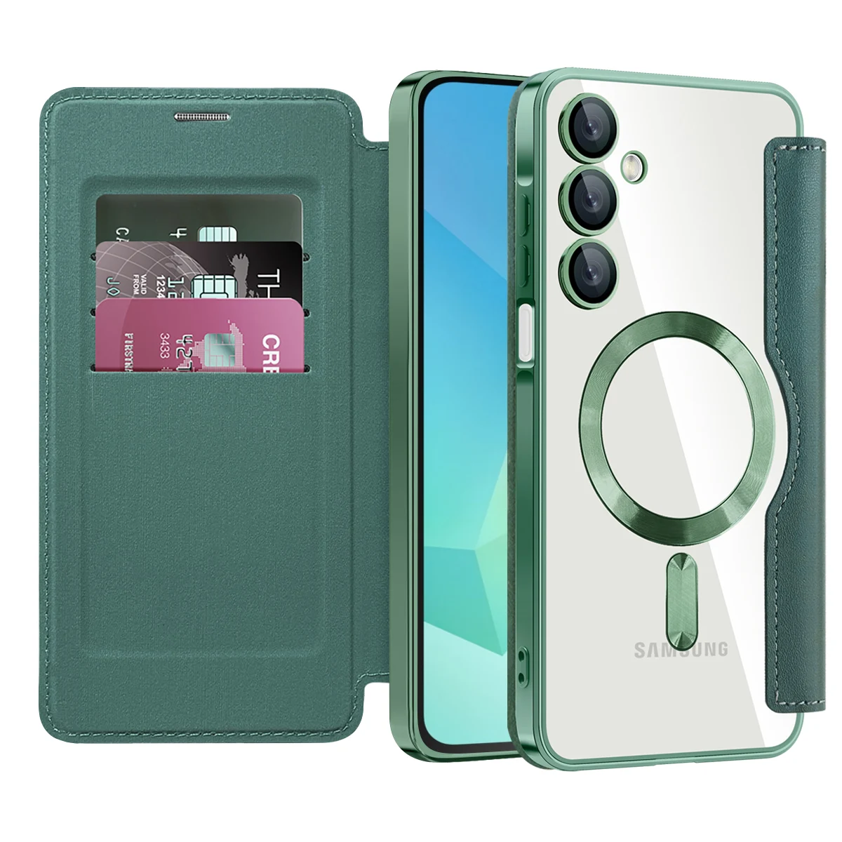 Premium Flip Magnetic Leather Case with Wireless Charging & Transparent Card Slot