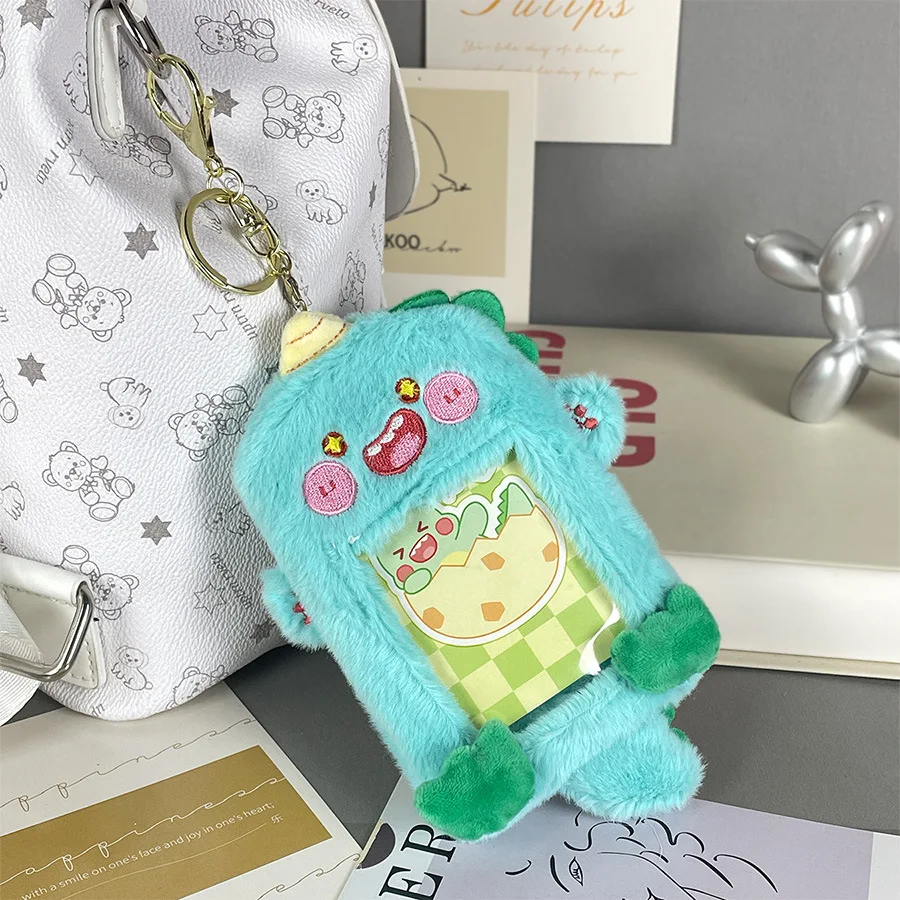 Cartoon animal plush card sleeve transparent love bean small card display pendant student card bag key chain 4