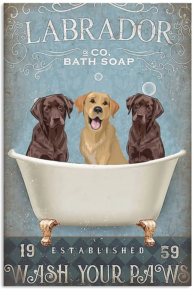 

Bathtub Dog Retro Metal Tin Sign, Labrador Retriever Bathing Soap Foam Poster Vintage Toilet Cave Bar Home Bathroom Wall