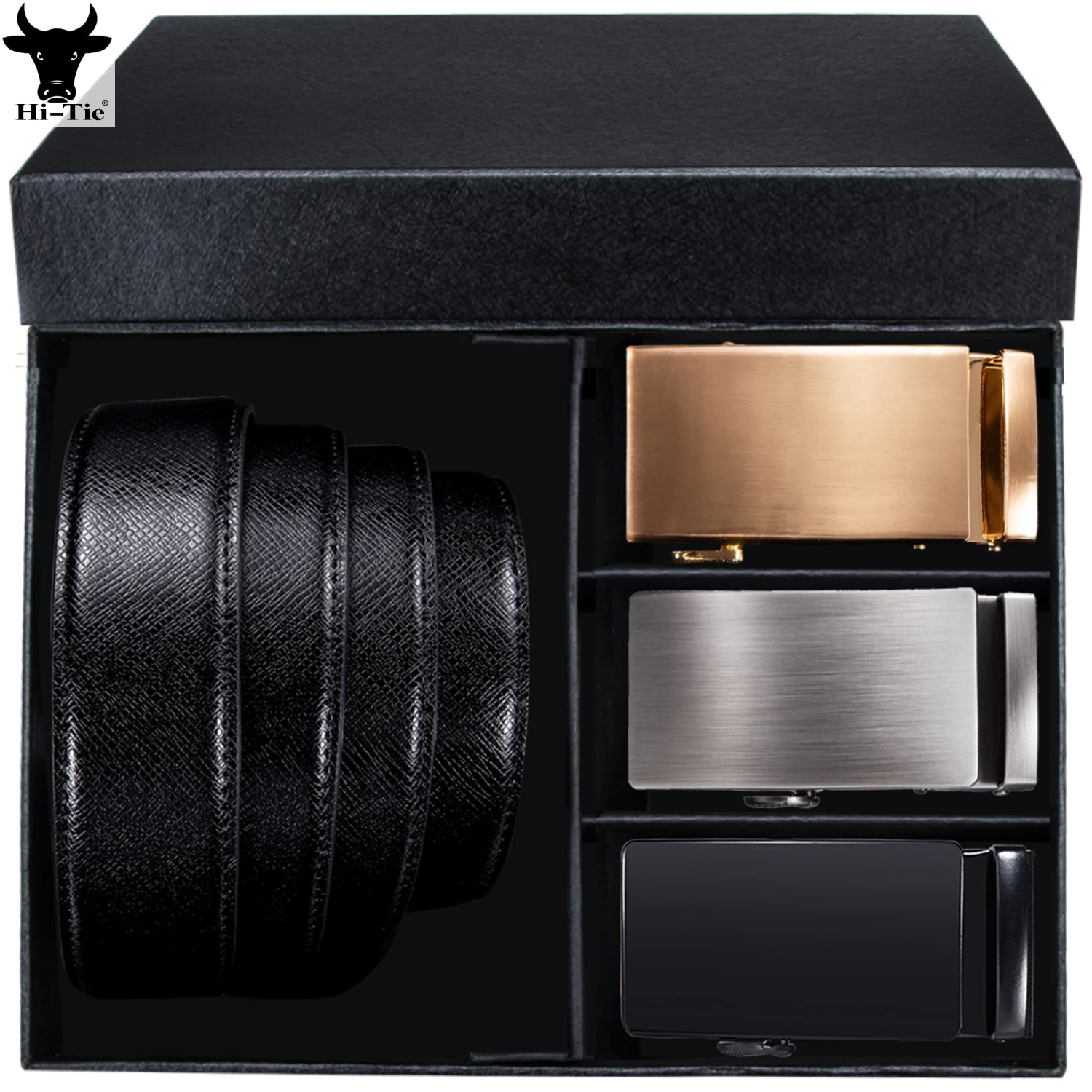 

Hi-Tie мужские ремни в штучной упаковке, черные ремни из натуральной кожи, металлические автоматические пряжки, храповик, повседневный пояс для мужчин, платье, джинсы