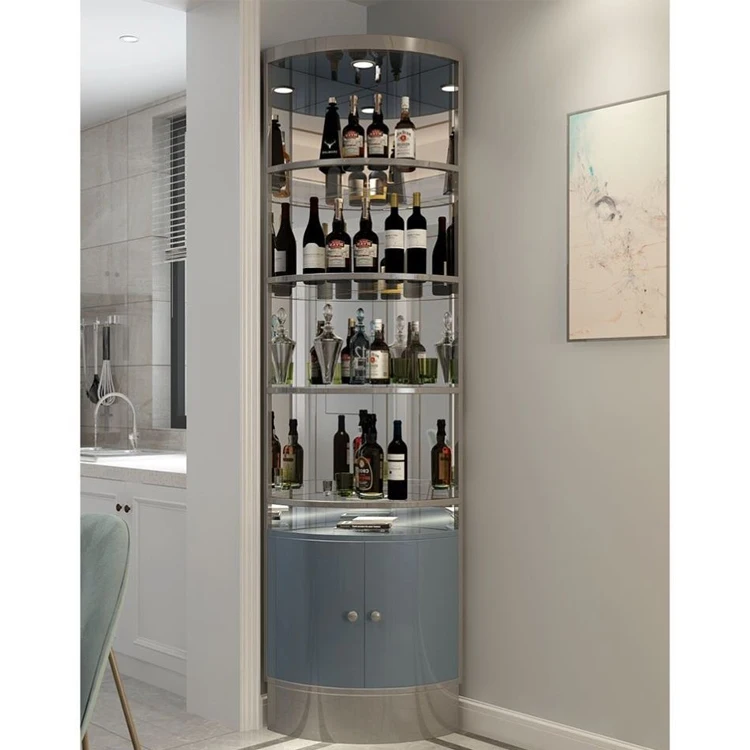 Modern Living Room Stainless Steel Metal Frame Wine Display Cabinet Luxury Double Door Glass Corner Bar Wine Storage Cabinet