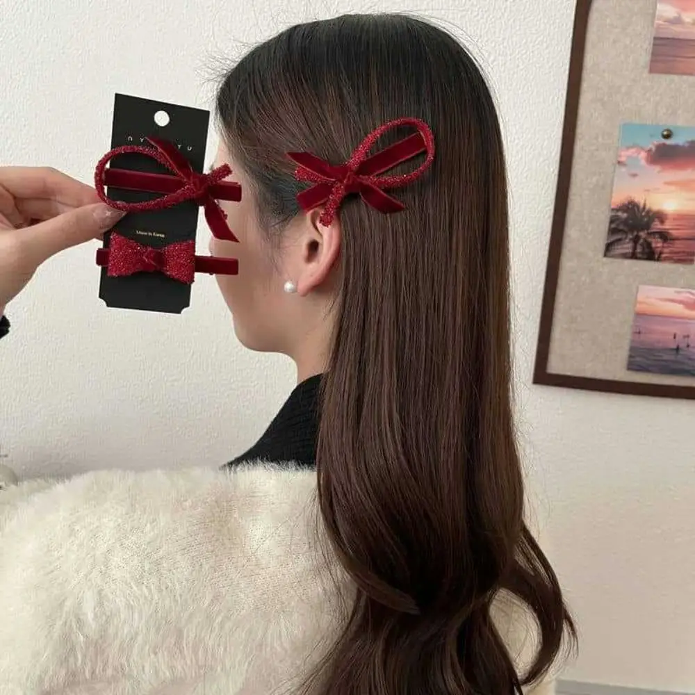 Korean Black Red Velvet Bow Hairpin Sweet Rhinestone Duck Bill Clip Bangs Side Clip Headwear Hair Accessories For Women Girls