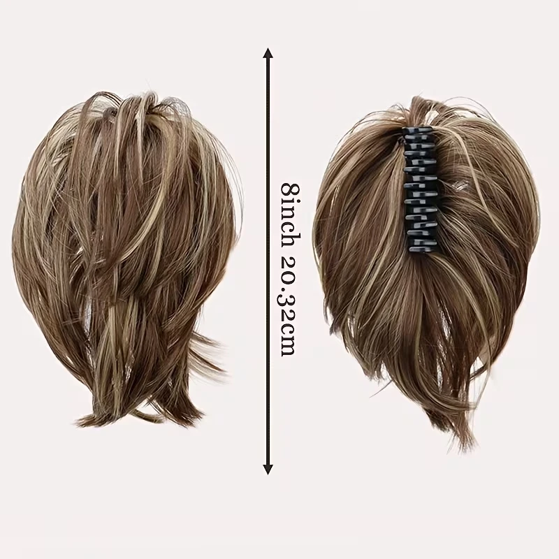 Extension per capelli sintetici a coda di cavallo corta e liscia, chignon disordinato con clip a griffe per donna, uso quotidiano - immagine 2