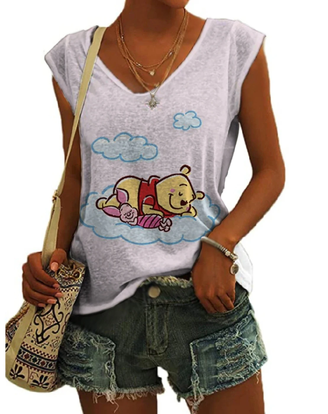 

Winnie the Pooh Anime Summer New Street Sleeveless V-neck Vest Disney Print Fashion Versatile Casual Ladies Slim Top Y2K