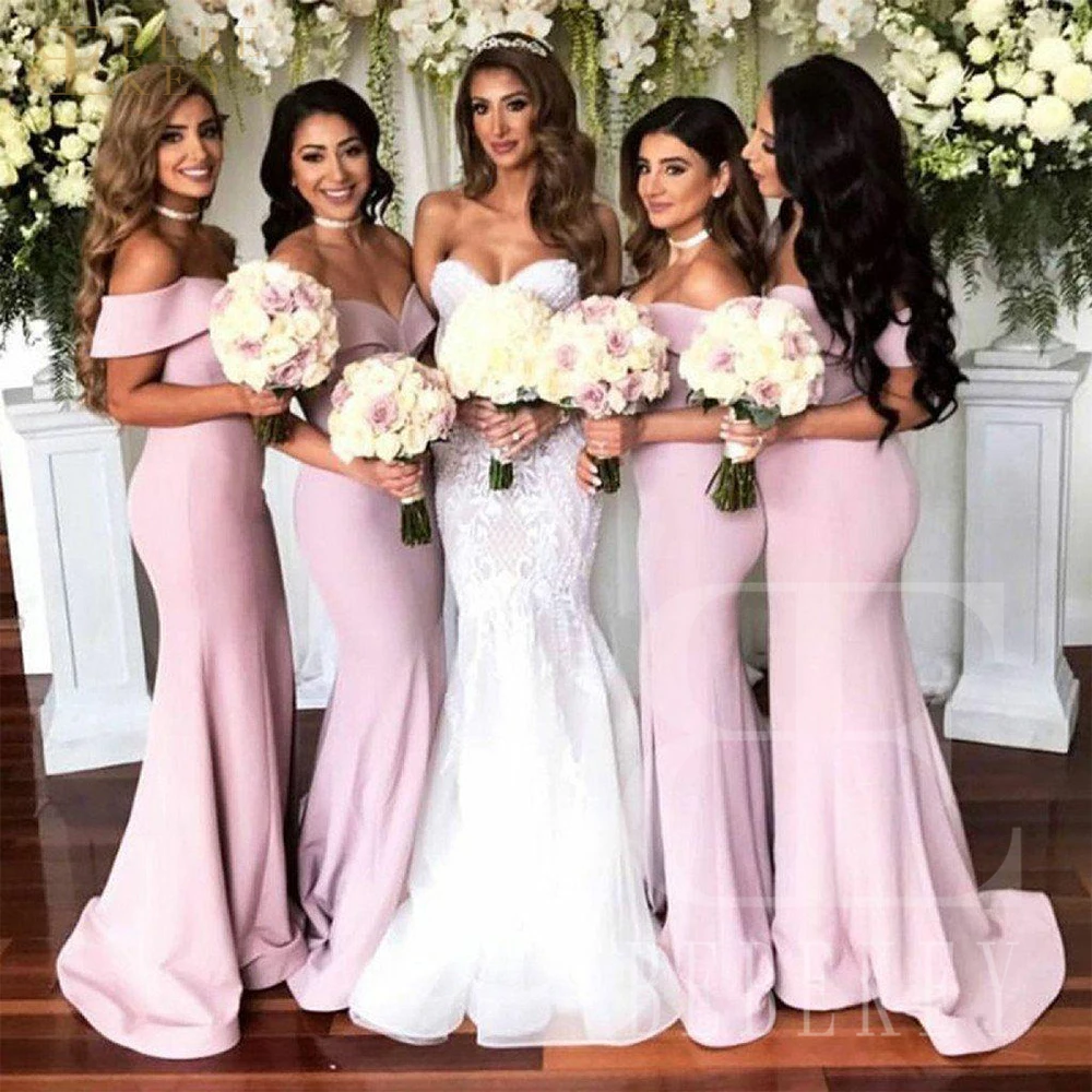 

Pink Satin Elegant Dress Women for Wedding Party Dresses for Bridesmaids Off the Shoulder Mermaid Bridesmaid Robes Weddings Robe
