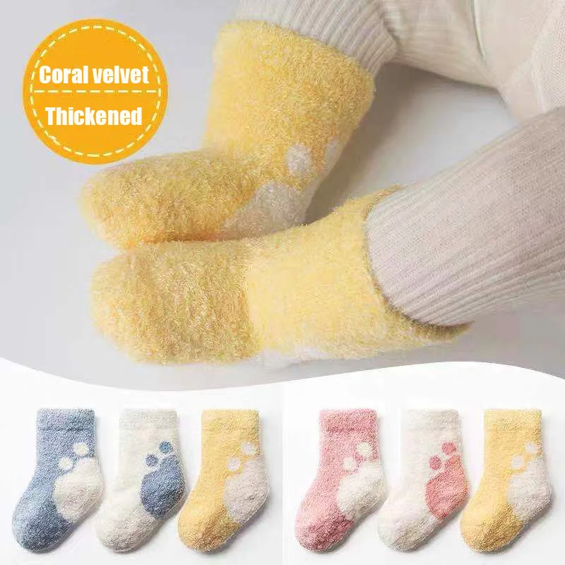 

Coral Feather Yarn Winter Warm Baby Socks Non-skid Thicken Fur Loops Children's Socks Solid Color Kid Girl Clothes