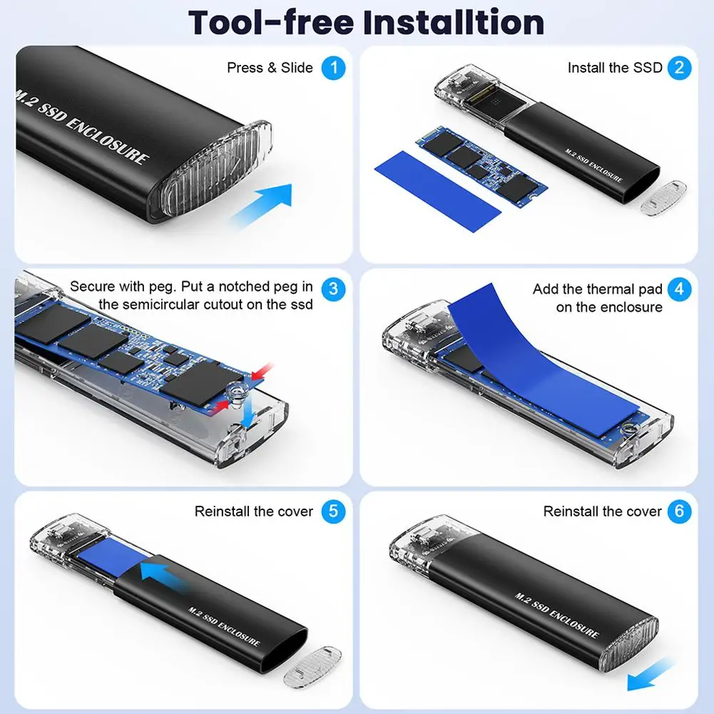 도구 필요 없는 모바일 하드 드라이브 인클로저, 투명한 NVMe10Gb 어댑터, 알루미늄 드라이브 인클로저, 합금 M2 Type-C3.1 스테이트