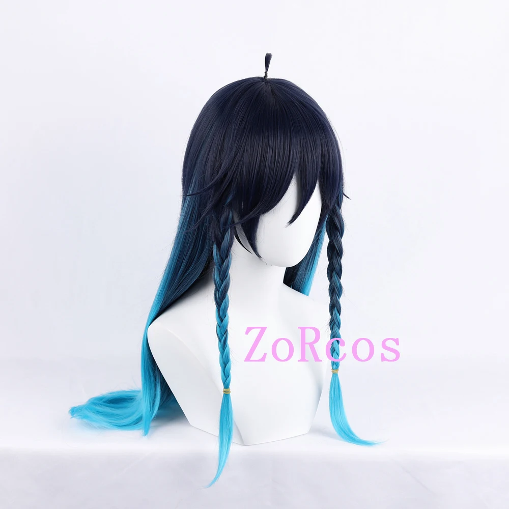 Game Genshin Impact Venti Female Cosplay Wig Venti 65cm Long Blue Heat Resistant Synthetic Hair Halloween Party Role