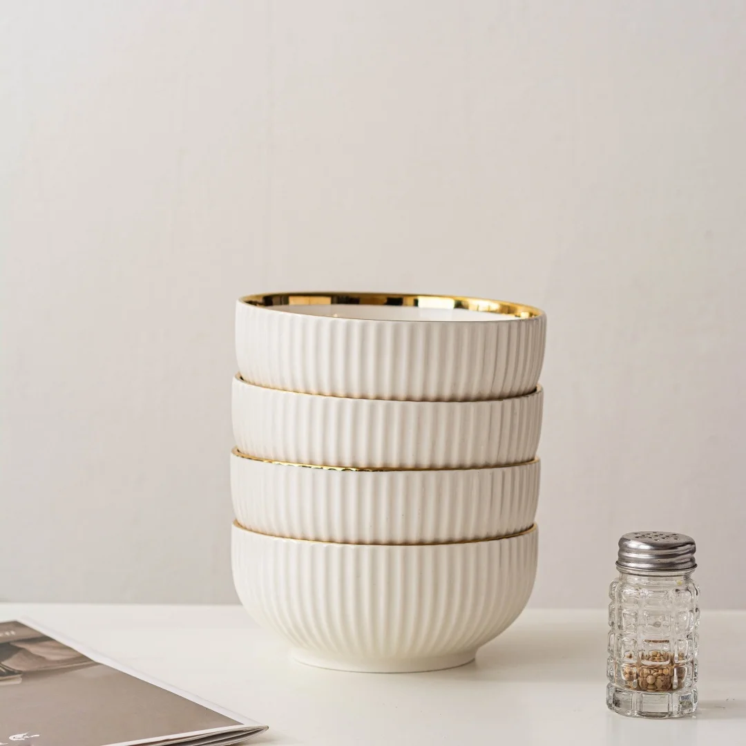 סט כלי אוכל קרמי מצופה זהב מותאם אישית: קערה וצלחת באיכות גבוהה לשימוש בבית (קערות אורז, צלחות כניסה, סו)