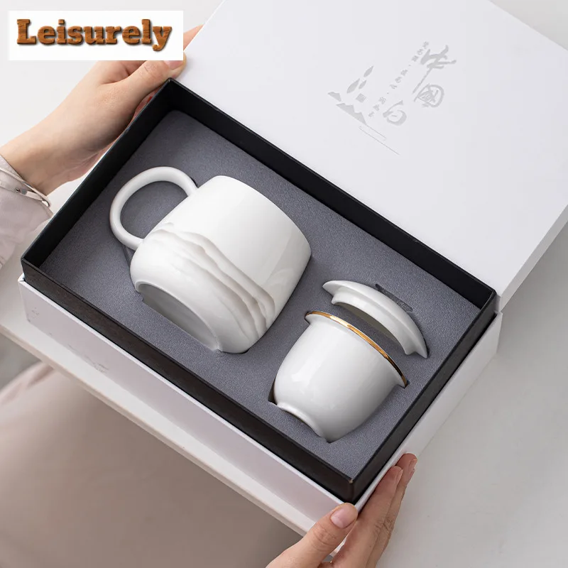 Sheep Fat Jade White Porcelain Ink Far Mountain Filter Tea Separator Cup Retro Tea Mug With Infuser Tea Soaking Office Water Cup