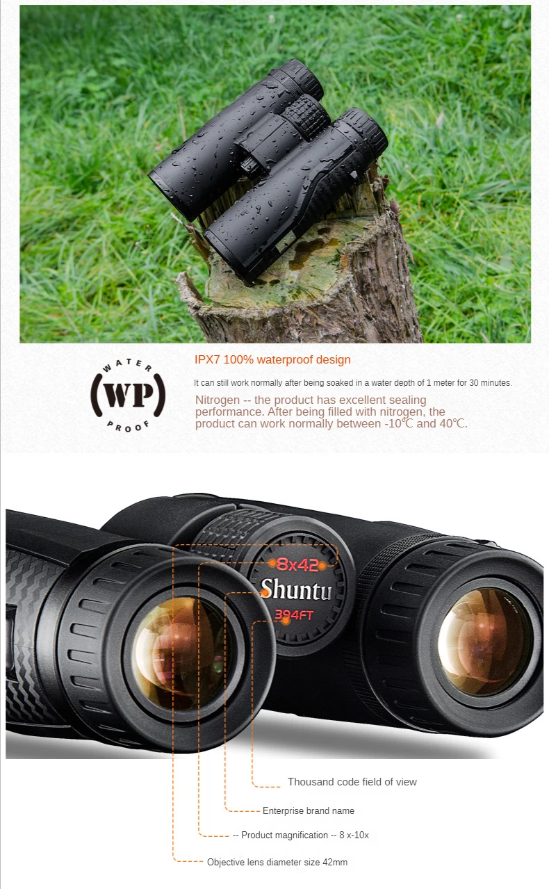 Shuntu Leistungsstarkes ED-Fernglas 8x42 10x42 mit großer Reichweite, IPX7 wasserdicht, Bak4-Prisma, SMC-Optikbeschichtung für Jagd, Camping und Reisen – Detail 8