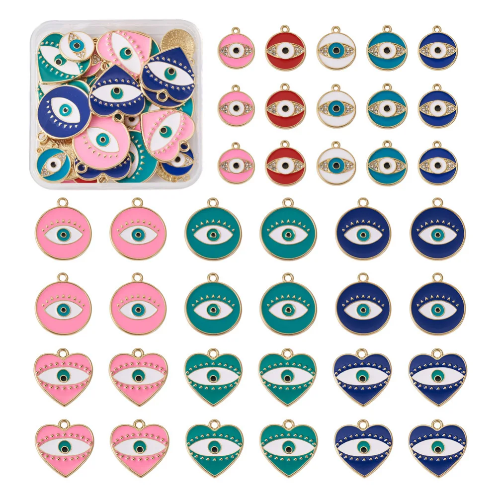 

44pcs Alloy Enamel Evil Eye Heart Round Charms With Rhinestone for Diy Pendant Necklace Earrings Jewelry Making Supplies