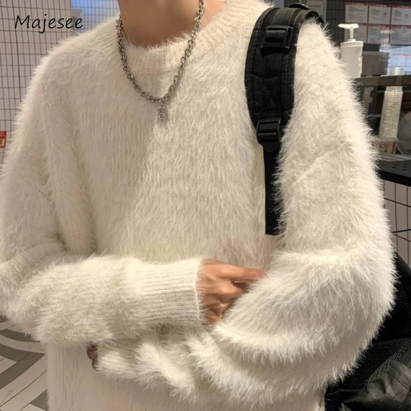 

Winter Sweaters Men Warm Pure Color Baggy Cozy Soft Fluffy Chic Streetwear Korean Preppy Style Handsome Teens Casual Slouchy Ins