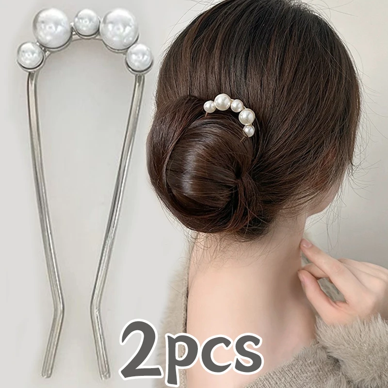

1/2pcs Vintage Pearl Hairpins Women Elegant U Shaped Hair Clips Korean Headwear Sticks Bun Minimalist Metal Forks Styling Tools