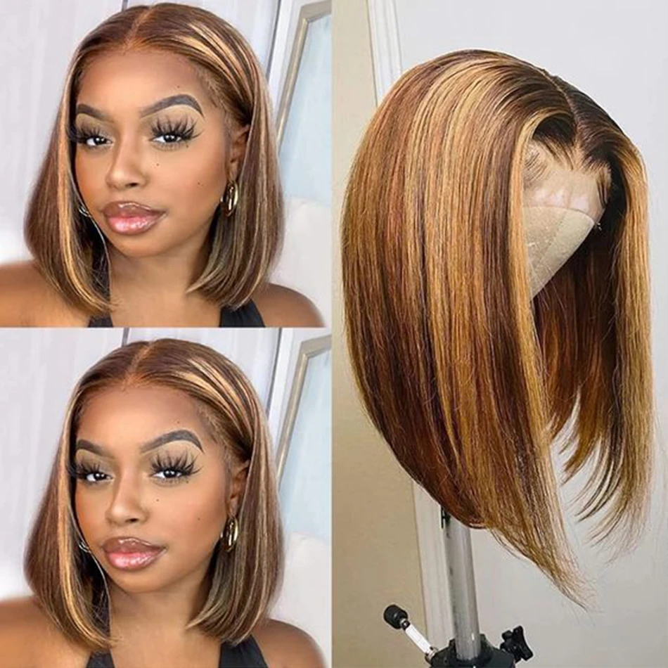 

Highlight Blonde Soft Short Bob Straight 180Density Lace Front Wig for Women BabyHair Glueless Preplucked Daily Heat Resistant