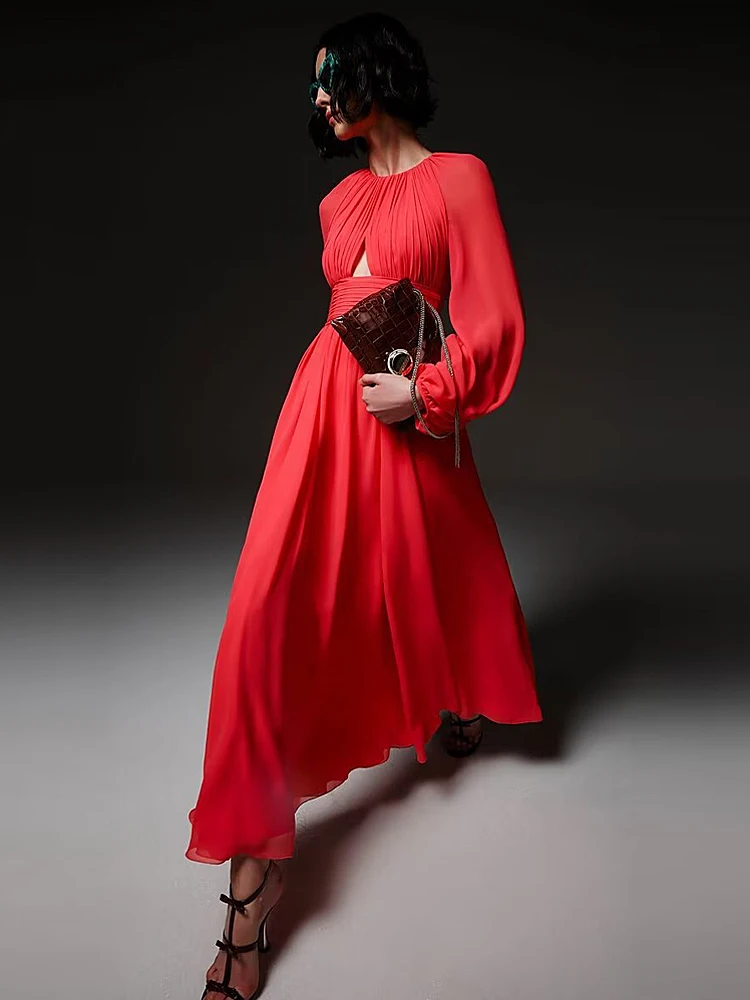 

Ladies New Spring Autumn High Quality Fashion Party Red Pleated Chic Sweet Elegant Casual Sexy Girls Long Dresses For Women