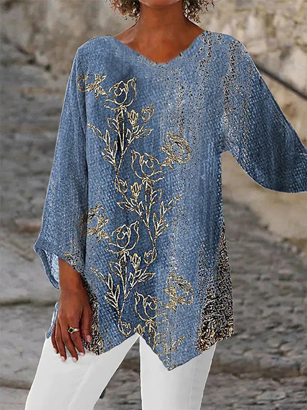 

V Neck Three Quarter Sleeve Tops Irregular Printing Loose Casual T-Shirt Gradient Women's Long High Street T-Shirt Tops