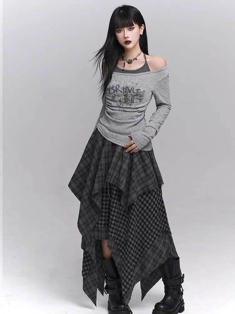Y2k Harajuku Vintage Skirts High Waist Plaid Patchwork Irregular Spicy Girl Long Skirt Streetwear Design 2025 Women's Clothing 1