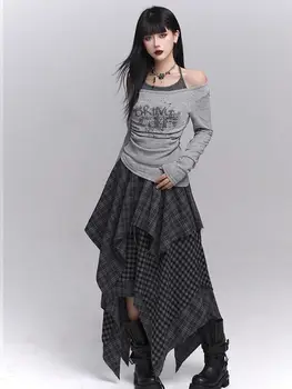 Y2k Harajuku Vintage Skirts High Waist Plaid Patchwork Irregular Spicy Girl Long Skirt Streetwear Design 2025 Women's Clothing 1