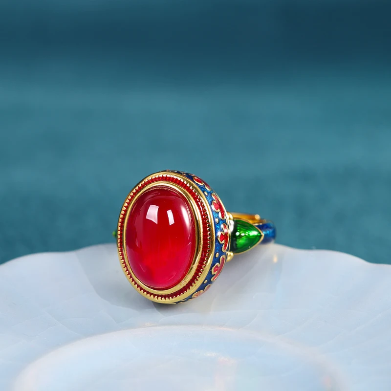 Original ancient gold craftsmanship natural carnelian rings for women flower enamel national style light luxury Wedding jewelry wedding rings golden ring gold rings